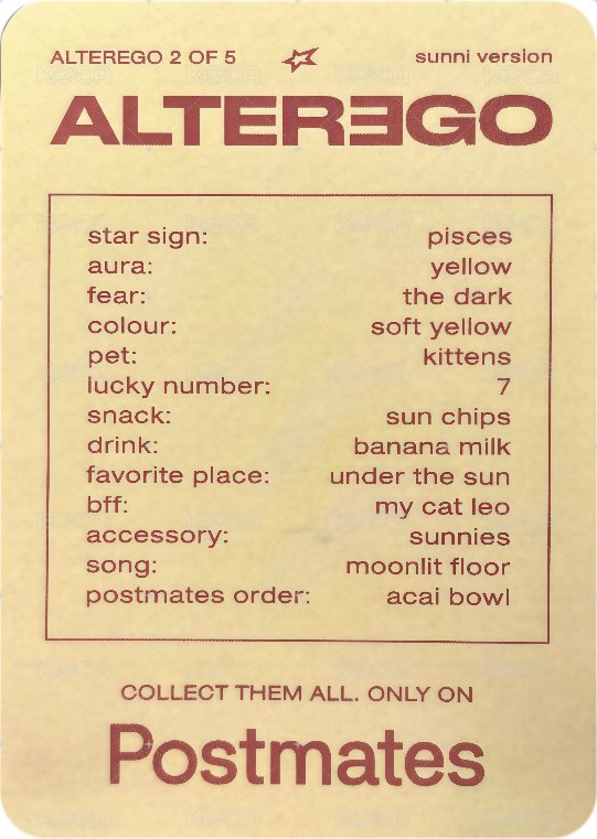 ALTEREGO 周邊卡 Postmates飲料卡 SUNNI 背面