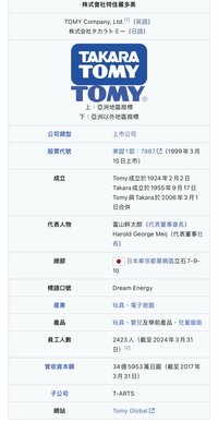 一家以生產兒童玩具為主要業務的日本娛樂公司。 它是在2006年3月1日由兩家公司合併創建而成：多美（Tomy，成立於1924年，原名Tomiyama，在1963年改名）
