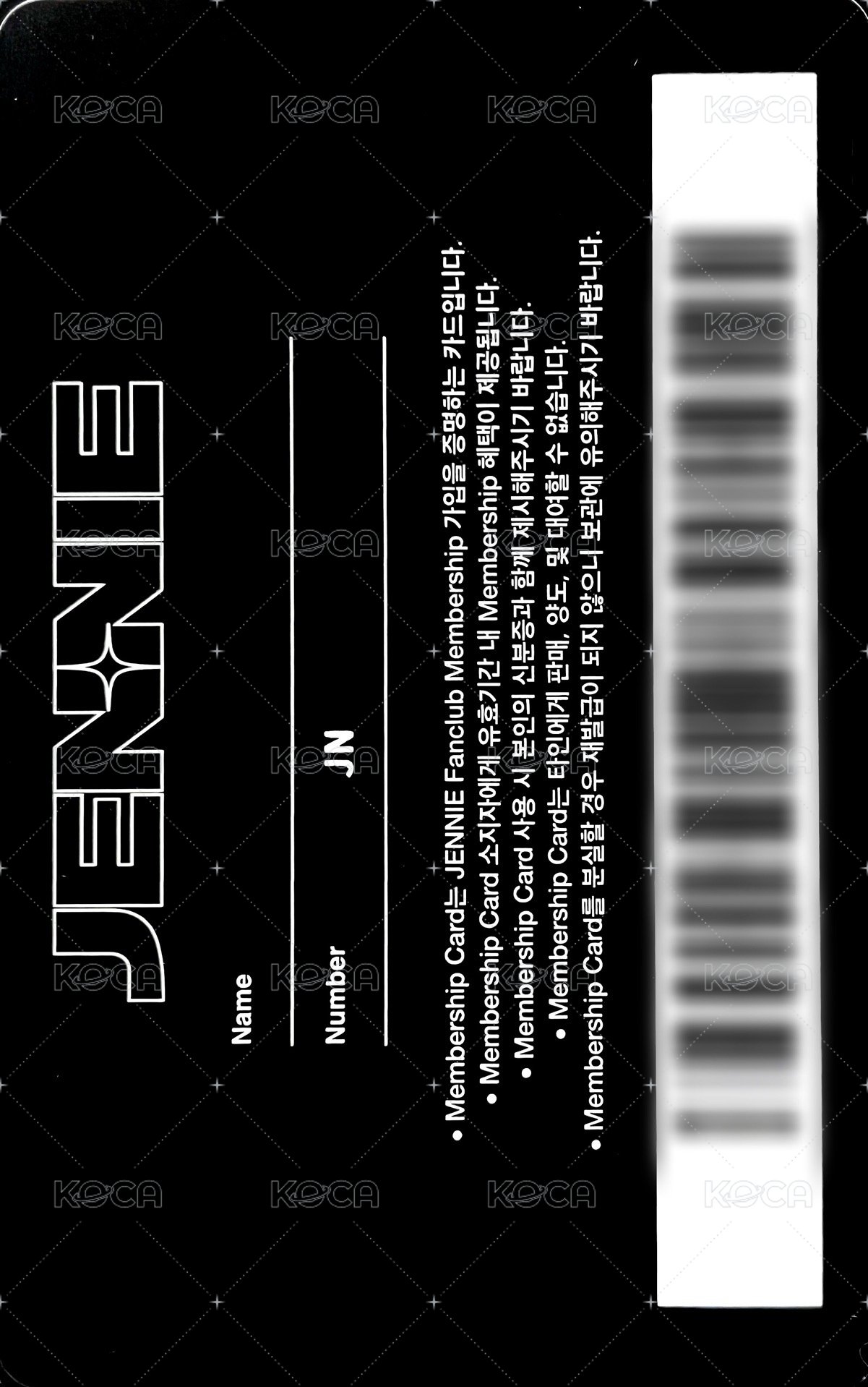 Jennie會員 會員禮卡  背面