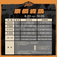 J-LIONS「非 · 日常」 8/23 B1 本後搖滾席 本後搖滾區站立應援席 熱力搖滾席 熱力搖滾區站立應援席 內野一般席 進場贈品
