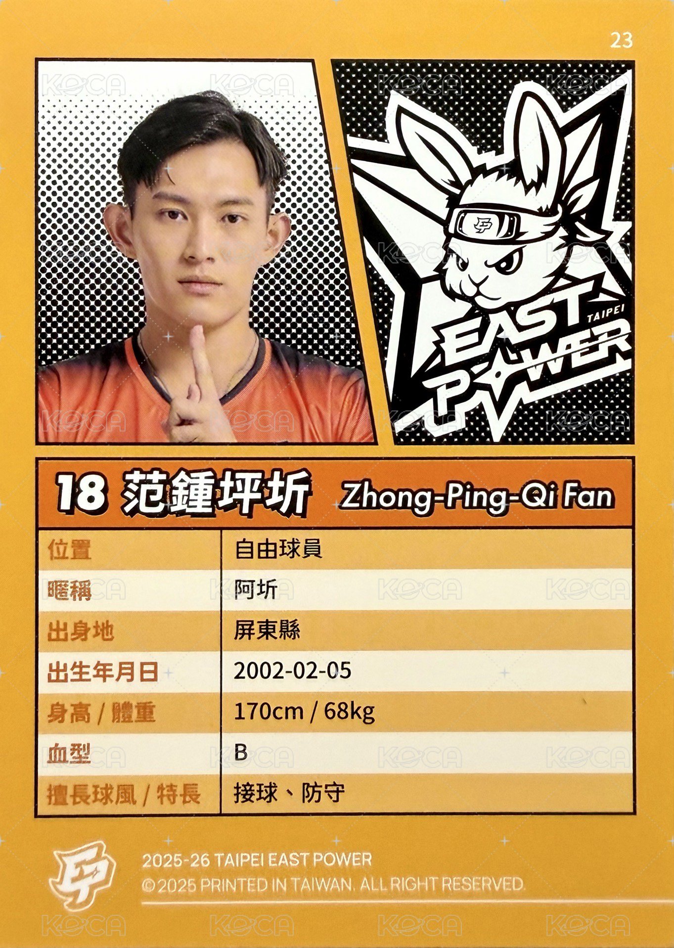 點將錄 球員卡 普卡 橘版 背面