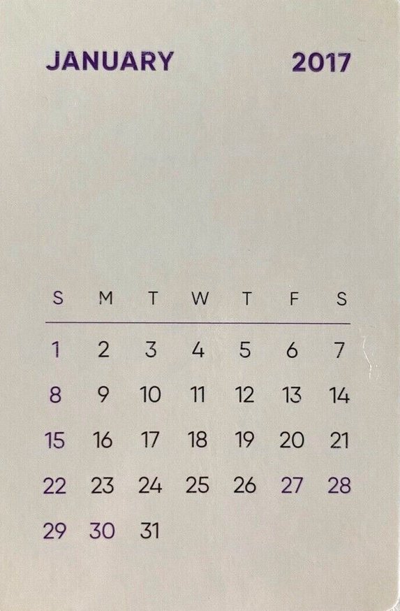 2017年曆 年曆卡  背面