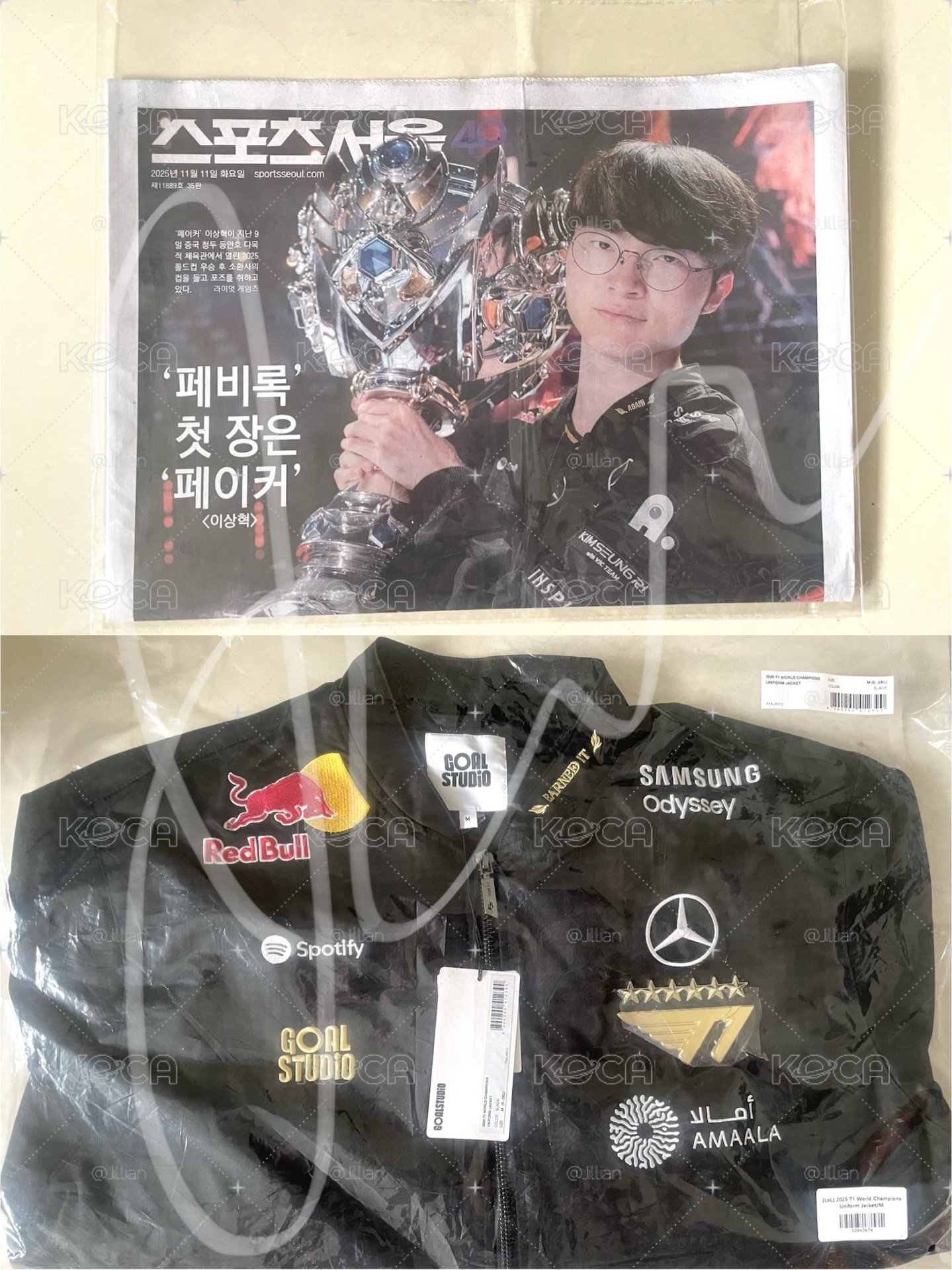 T1 六冠外套 M 號 Faker背標，贈奪冠報紙+六星徽章+Faker紅底白字蝴蝶結