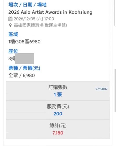 AAA 12/5 降價 一樓看台前排（原6980）