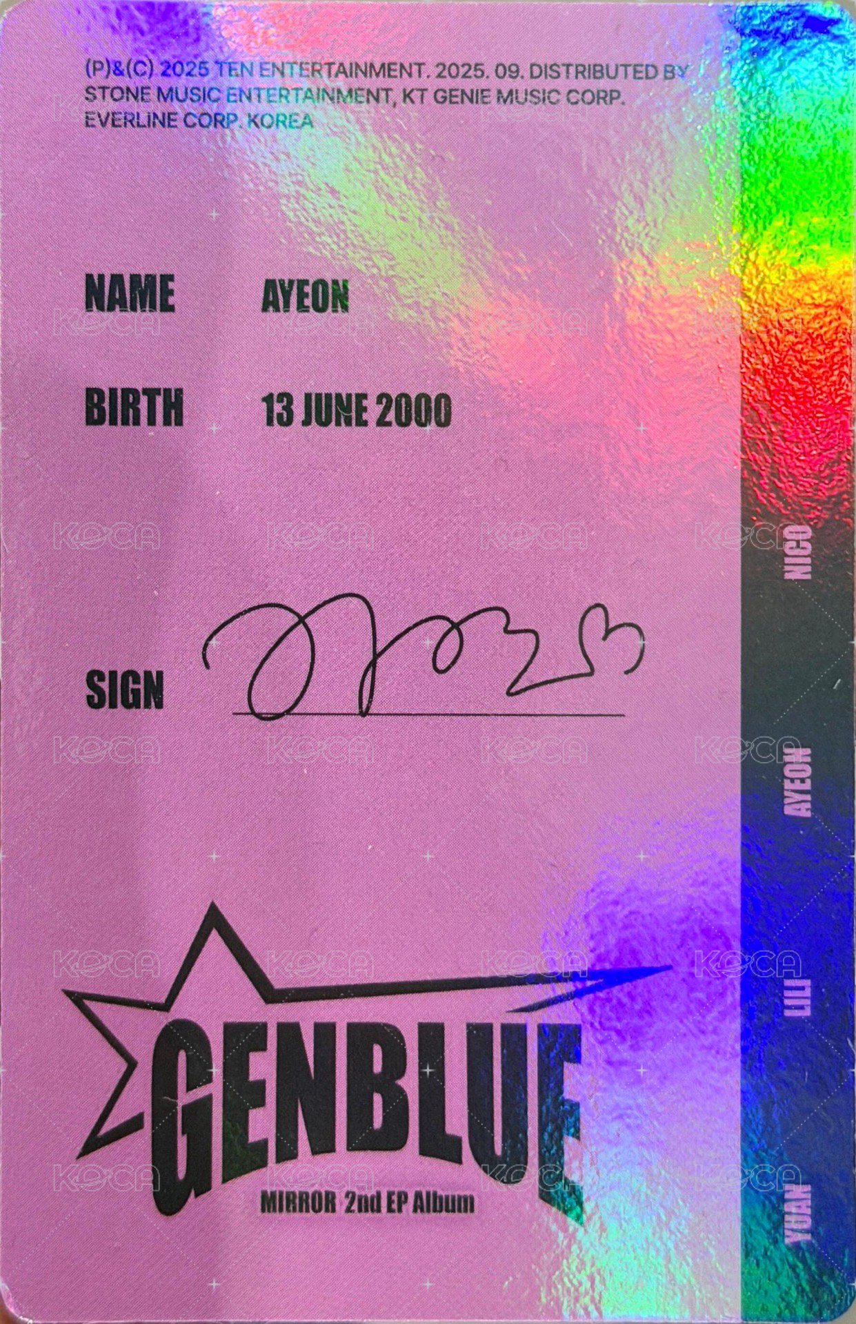 2nd EP Album - MIRROR 專輯卡 ID CARD 背面