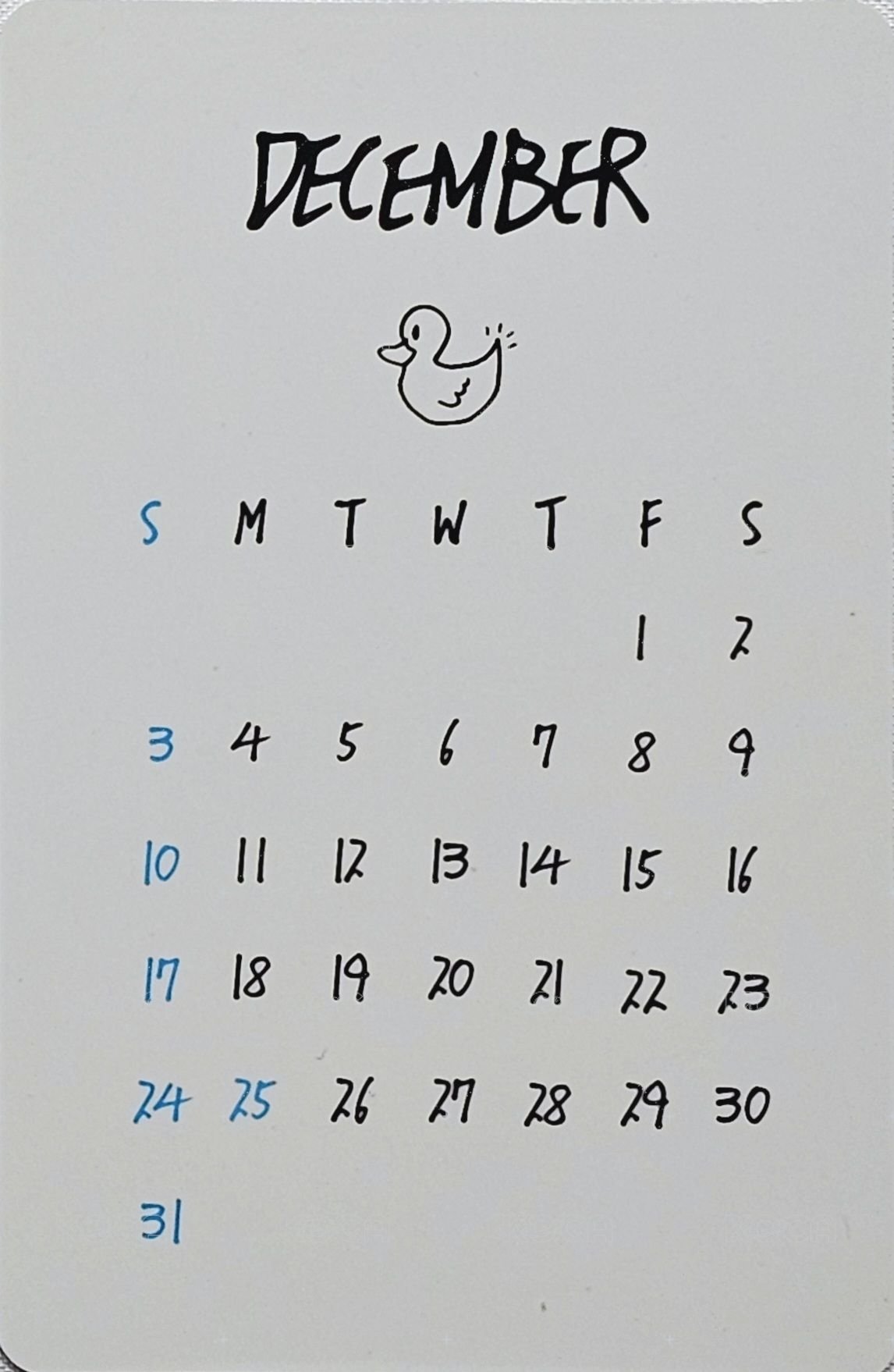 2023 年曆 年曆卡 十二月 背面