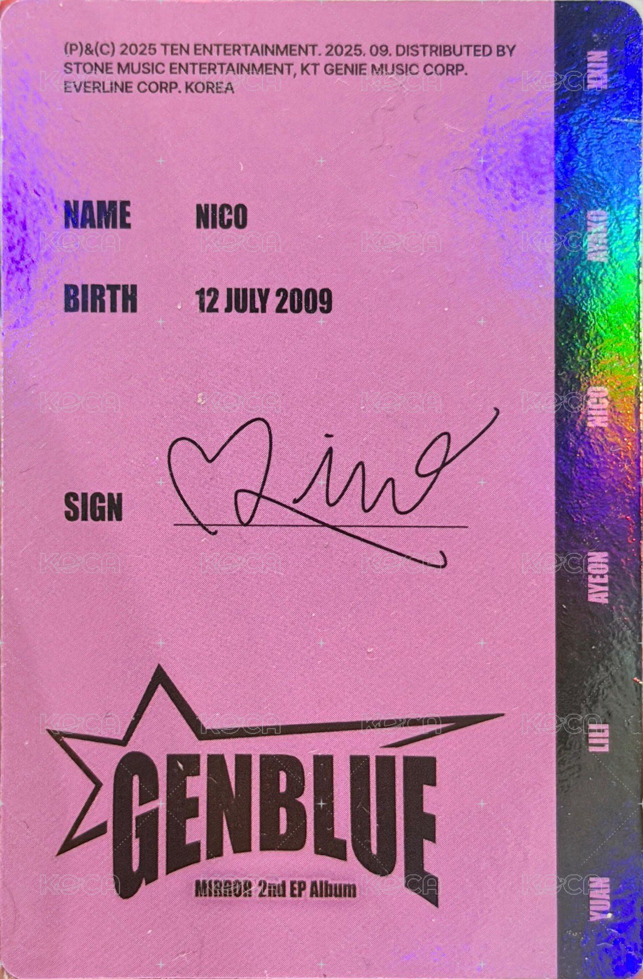 2nd EP Album - MIRROR 專輯卡 ID CARD 背面