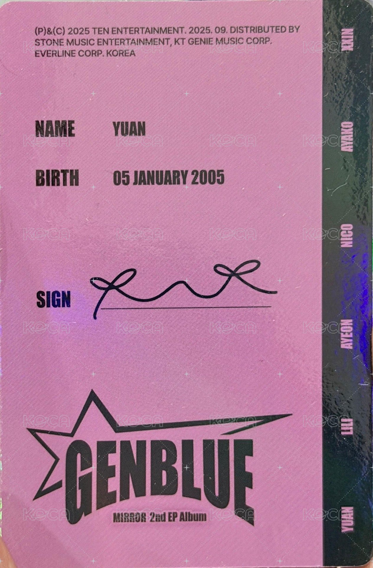 2nd EP Album - MIRROR 專輯卡 ID CARD 背面