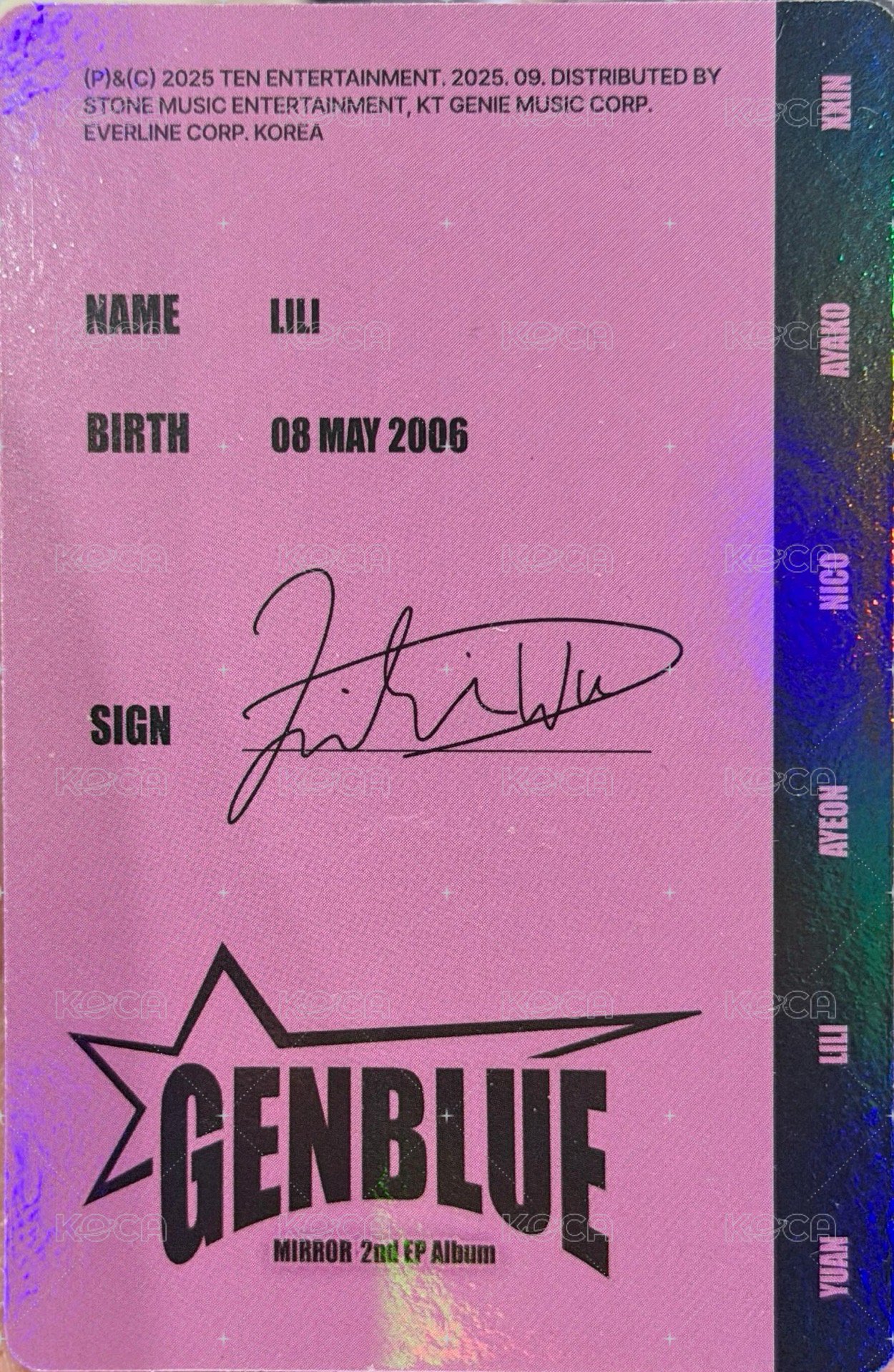 2nd EP Album - MIRROR 專輯卡 ID CARD 背面